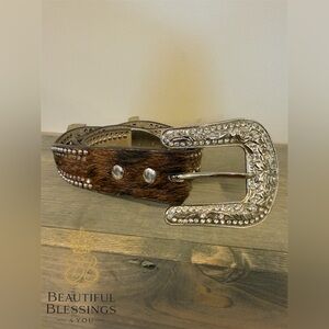 Med Western Hair-On Leather Belt with Rhinestone Buckle and Rhinestone Crosses